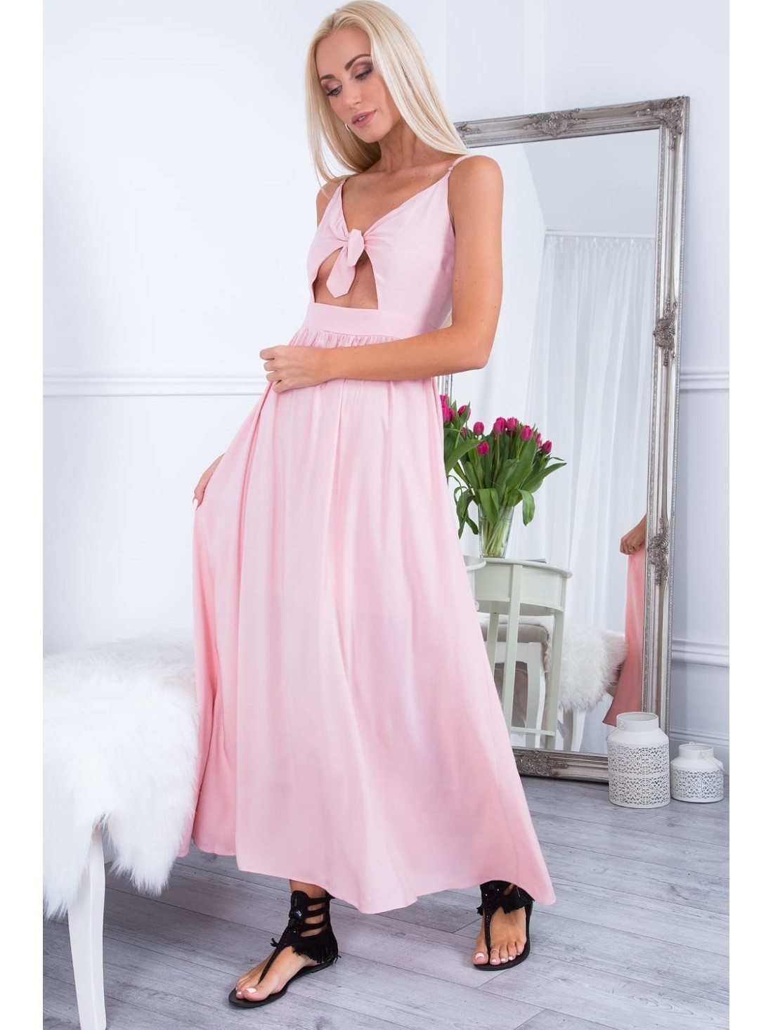 Maxi dress with ties, light pink ZZ338 - Online store - Boutique